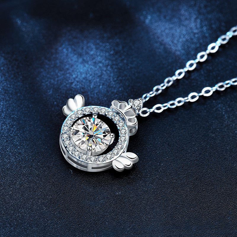 S925 Sterling Silver Moissanite Angel Wings Crown Pendant Necklace