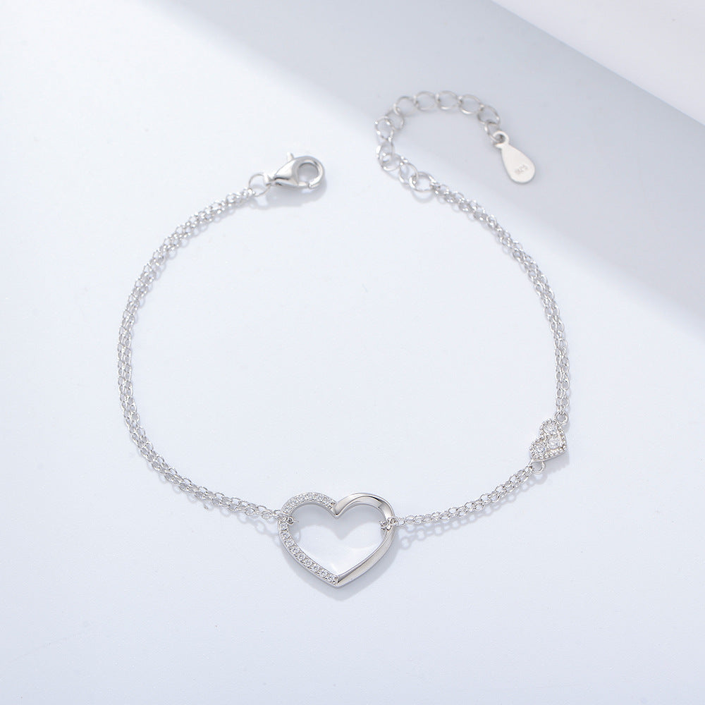 S925 Sterling Silver Zircon Inlaid Heart-Shaped Double-Layer Bracelet