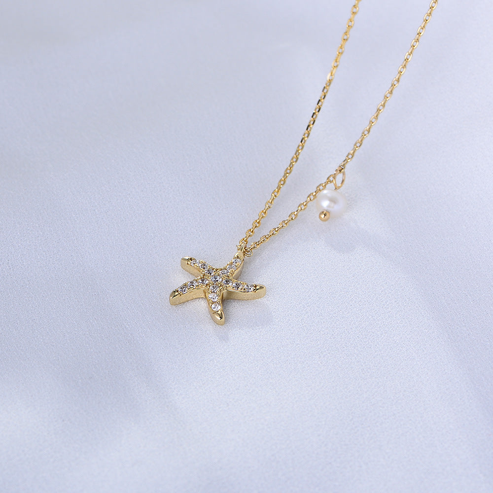 S925 Sterling Silver Zircon Inlaid Starfish Five-Pointed Star Pearl Necklace