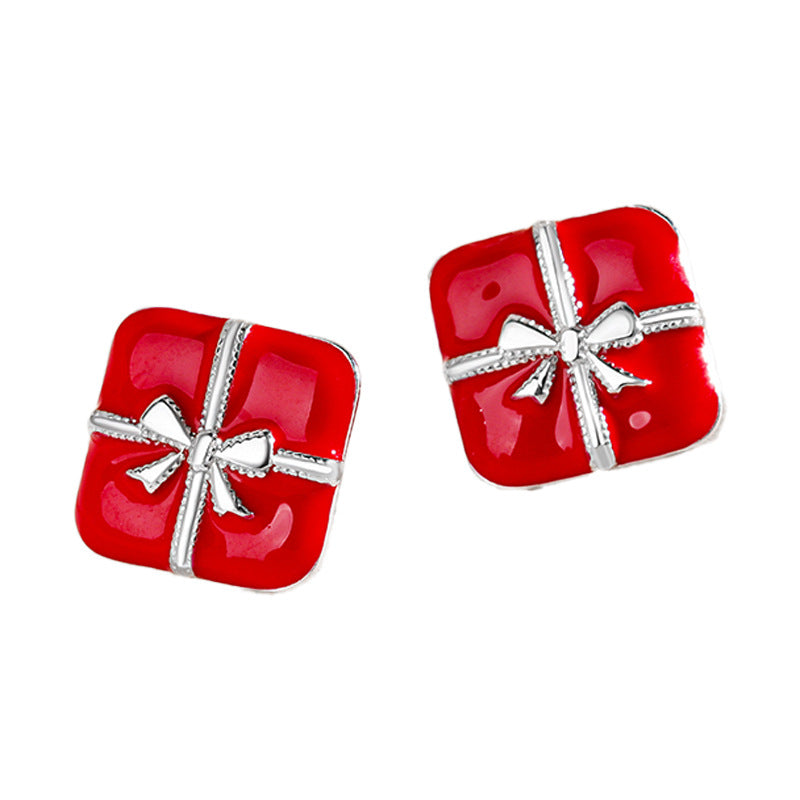 S925 Sterling Silver Red Christmas Gift Box Stud Earrings