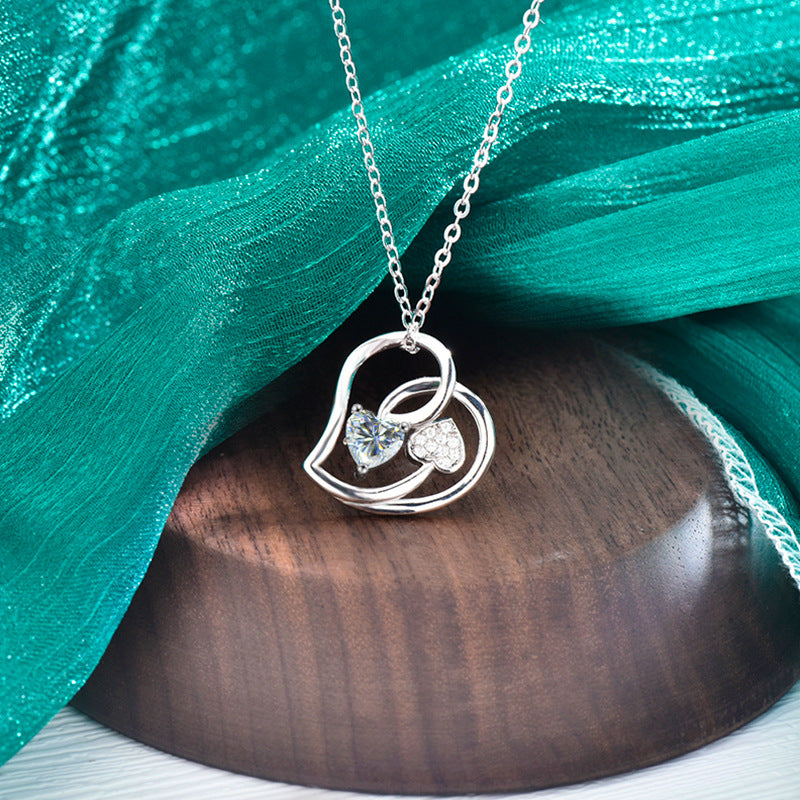 S925 Sterling Silver Double Love Moissanite Pendant Necklace