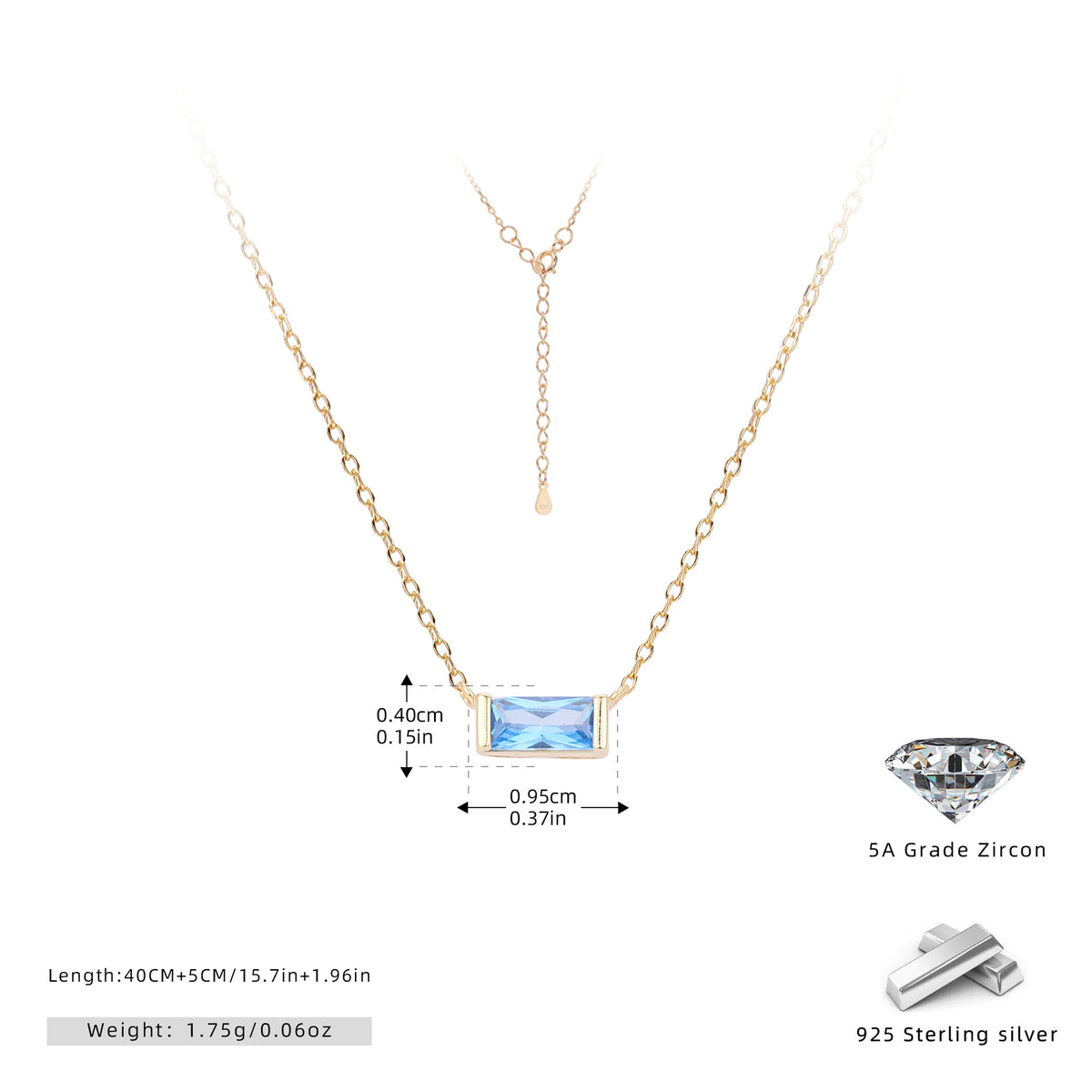 Rectangular colored zircon s925 sterling silver December birthstone collar necklace