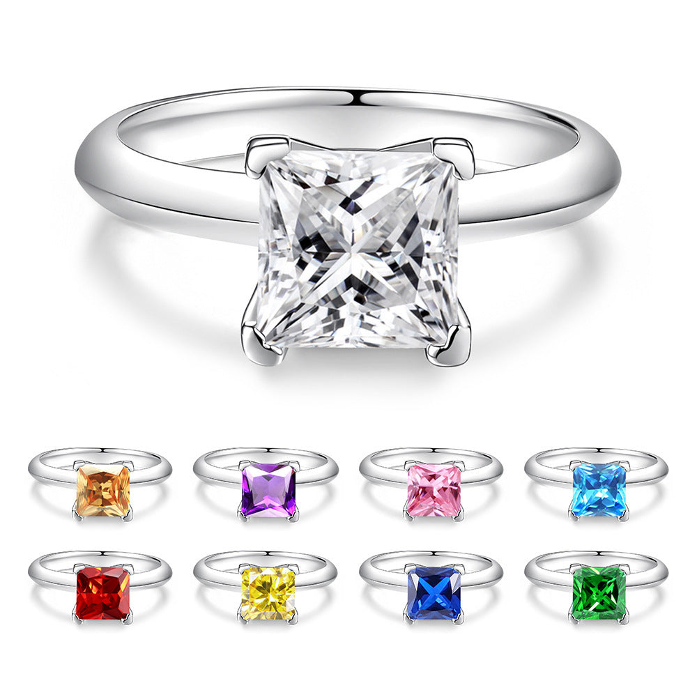 S925 Sterling Silver Square-Cut Colored Moissanite Ring