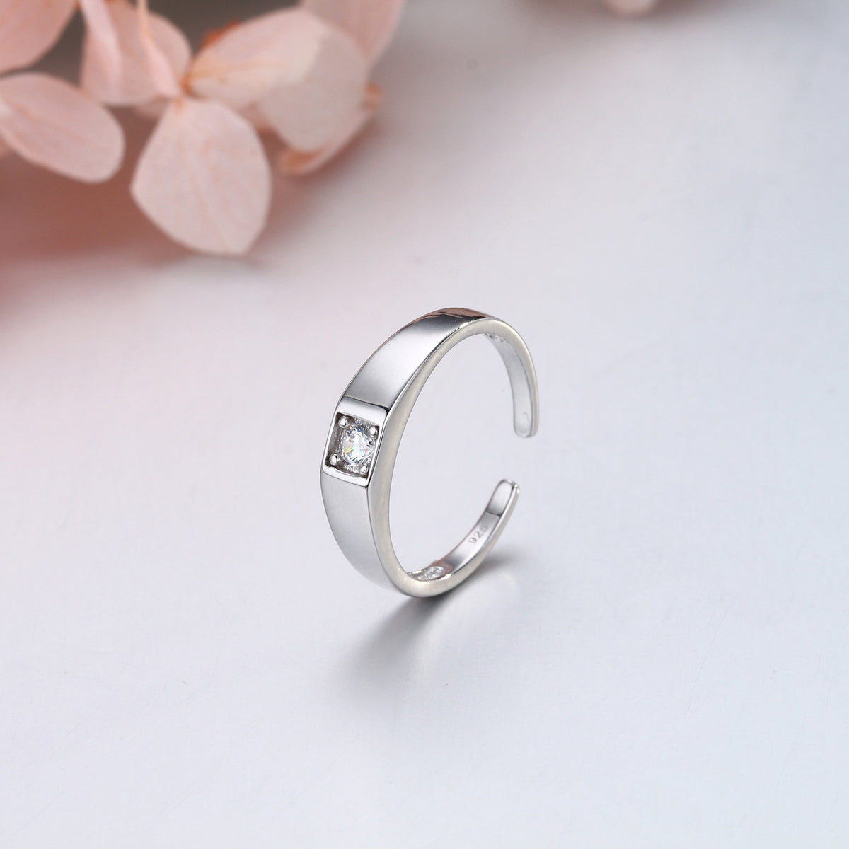 Simple S925 sterling silver ring, single zirconium basic style, adjustable index finger band