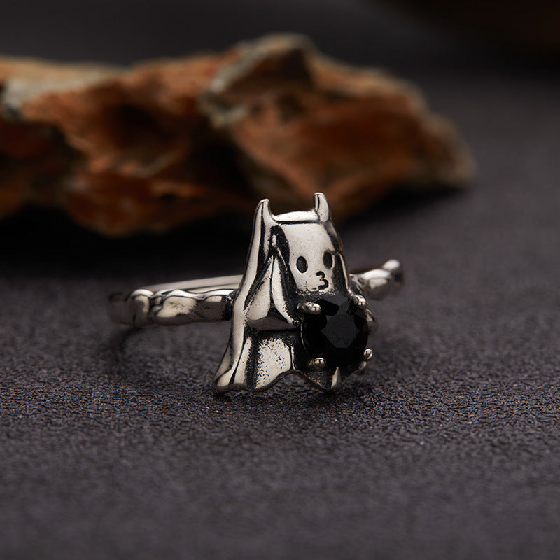 S925 Sterling Silver Halloween Ghost & Bat Open Ring with Garnet and Black Spinel