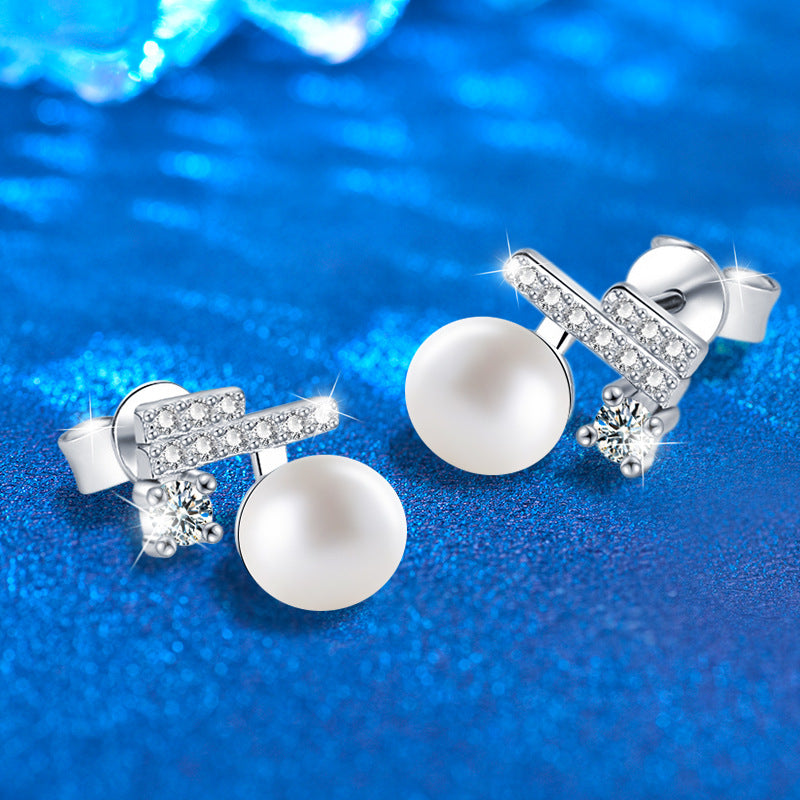 Natural Freshwater Pearl Stud Earrings, Set in 925 Sterling Silver with Moissanite Accents