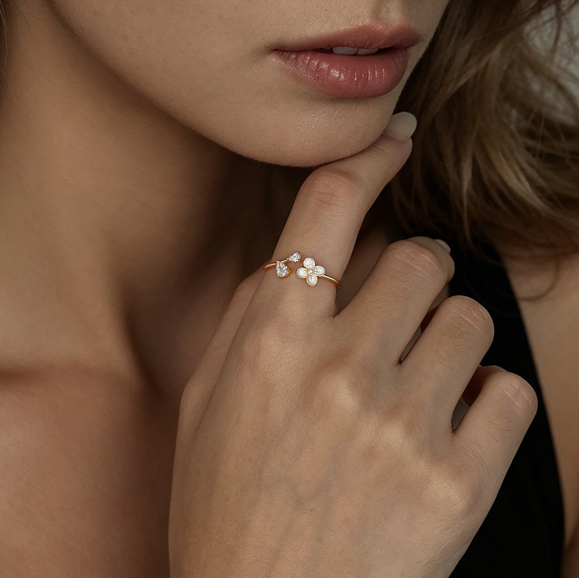 S925 Sterling Silver Open Ring with Flower and Zirconia