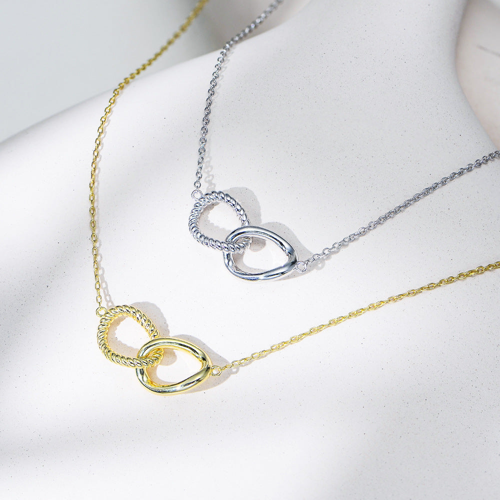 S925 Sterling Silver Geometric Twisted Double Ring Necklace