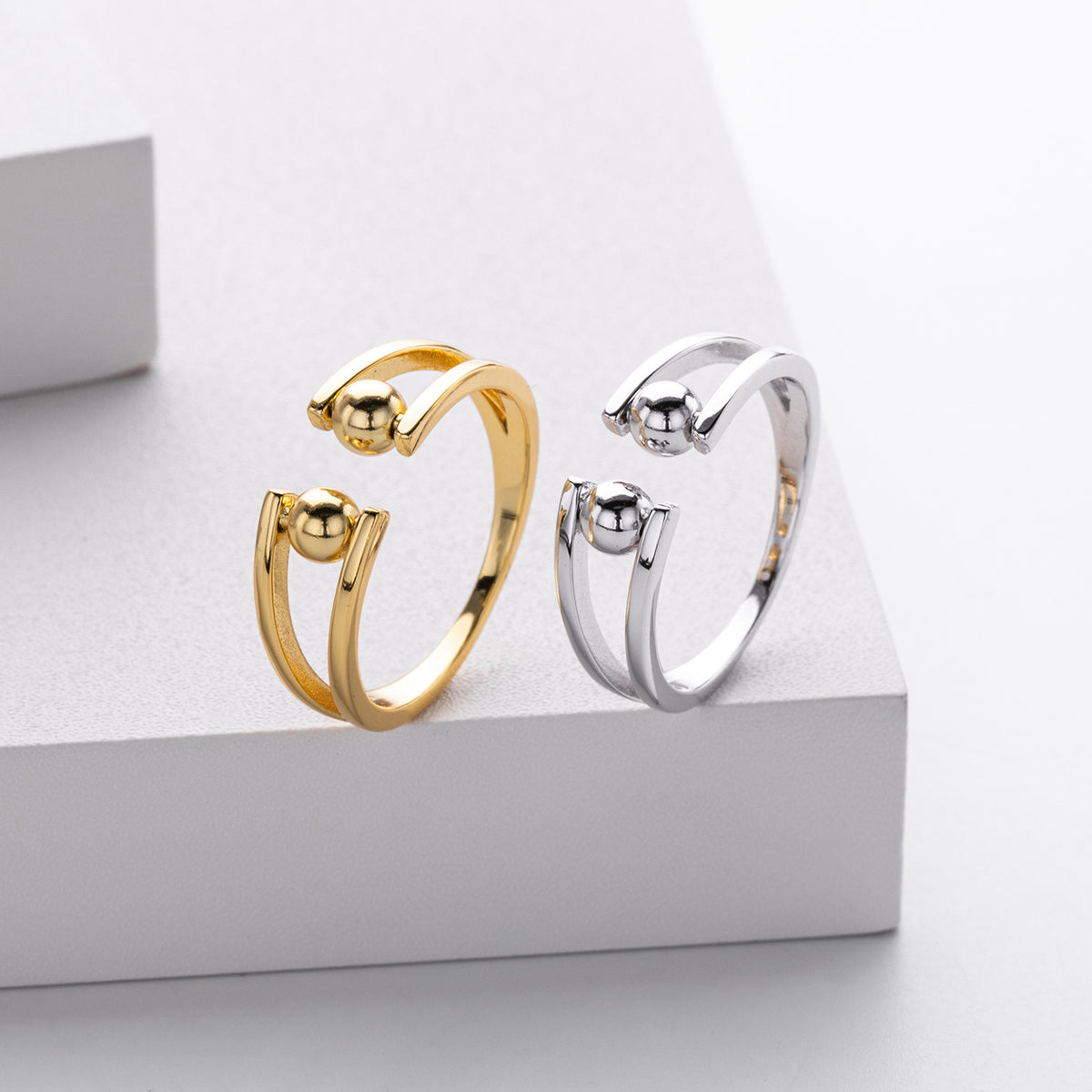 European and American S925 sterling silver double-layered beaded ring with adjustable opening