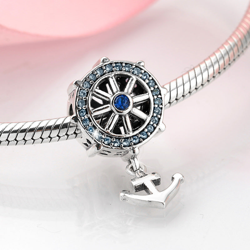 S925 Sterling Silver Inlaid Zircon Rudder Boat Anchor Beaded Pendant