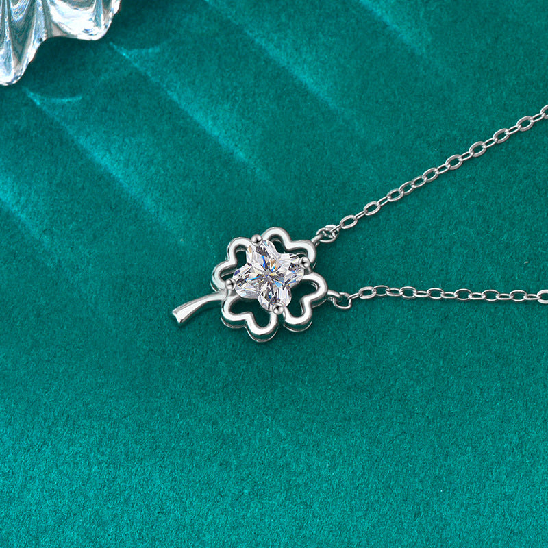 S925 Sterling Silver Moissanite Lucky Four-Leaf Pendant Necklace