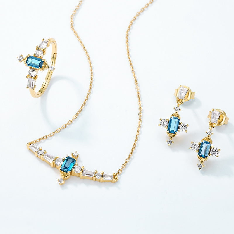 S925 Sterling Silver 10K Gold Vintage Natural London Blue Topaz Necklace