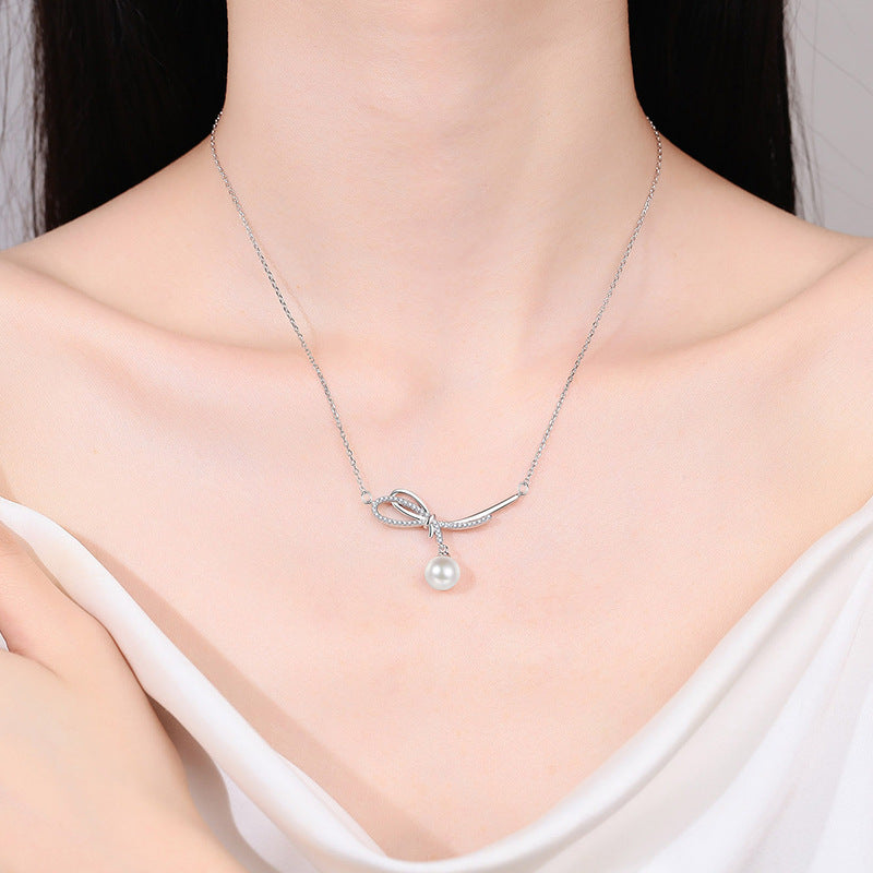 S925 Sterling Silver Moissanite Bow Pearl Pendant Necklace