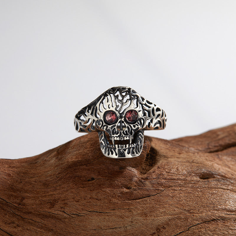 S925 Sterling Silver Halloween Garnet Skull Open Ring