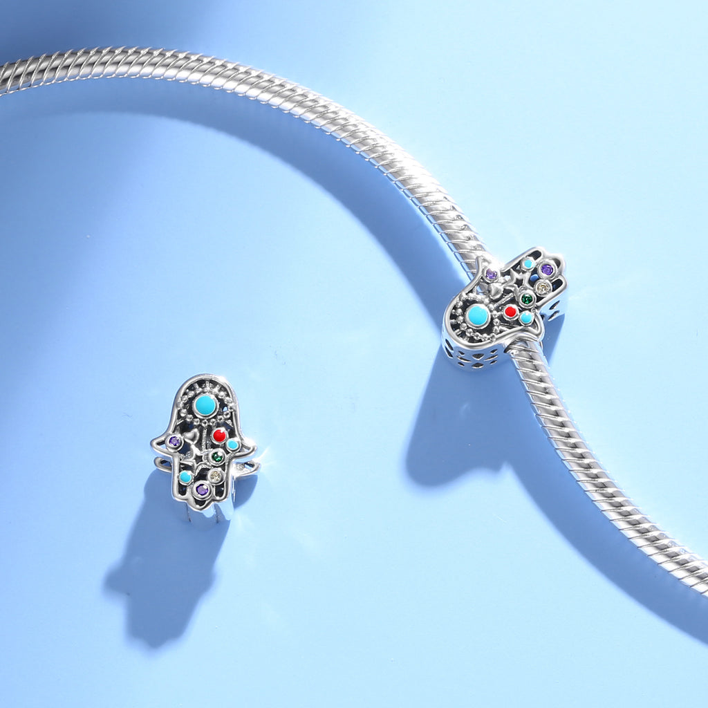 S925 Sterling Silver Fatima Bracelet Beads Colorful Zircon Pendant