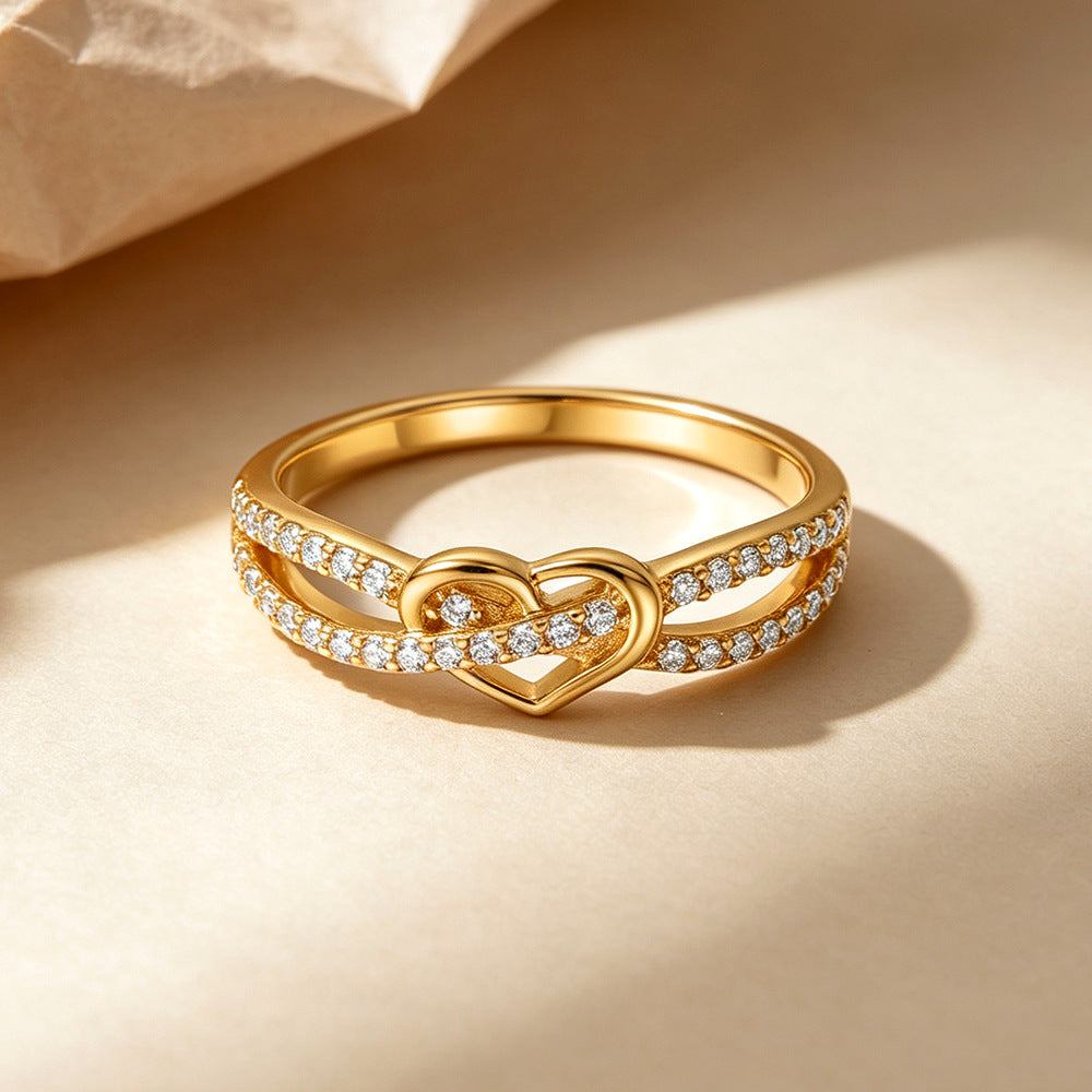 Romantic Heart Split Shank Ring in 925 Sterling Silver, Gold Plated