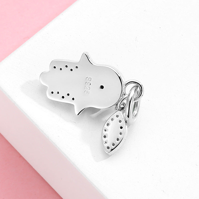 S925 Sterling Silver Hamsa Hand-Shaped Pendant with Diamonds, Epoxy Resin, Blue Eye Ethnic Style Jewelry
