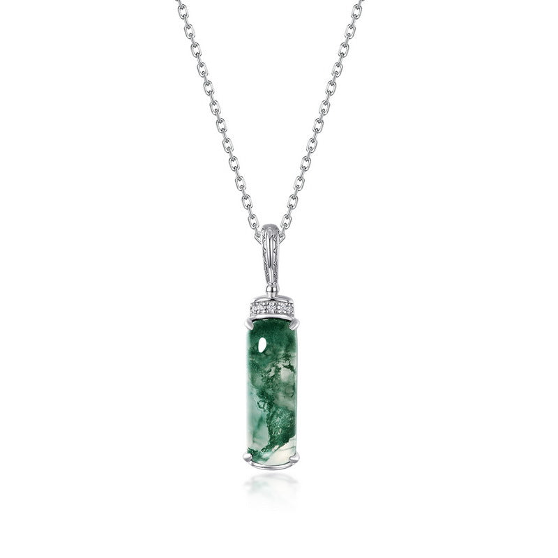 S925 Sterling Silver Gold-Plated Cylindrical Opal and Green Moss Pendant Necklace