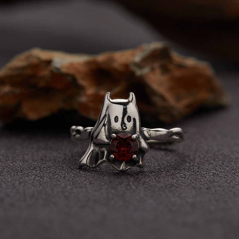 S925 Sterling Silver Halloween Ghost & Bat Open Ring with Garnet and Black Spinel
