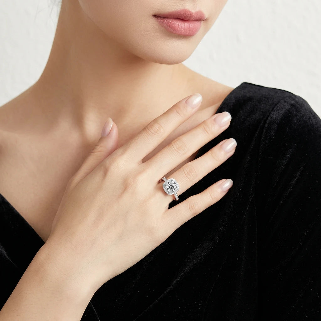 S925 Silver Small Square Ring with Moissanite Halo Setting