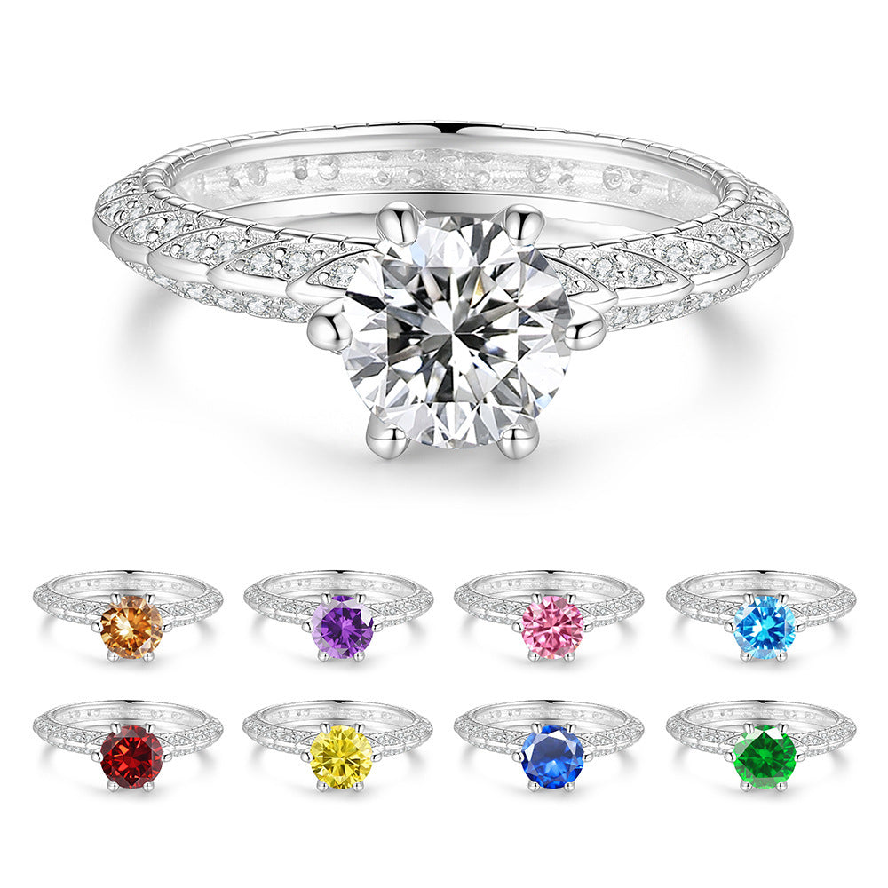 S925 Silver Six-Prong Ring with Colored Moissanite