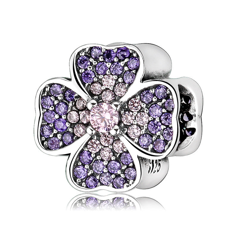 S925 Sterling Silver Sparkling Pink Purple Four Leaf Clover Bead Pendant