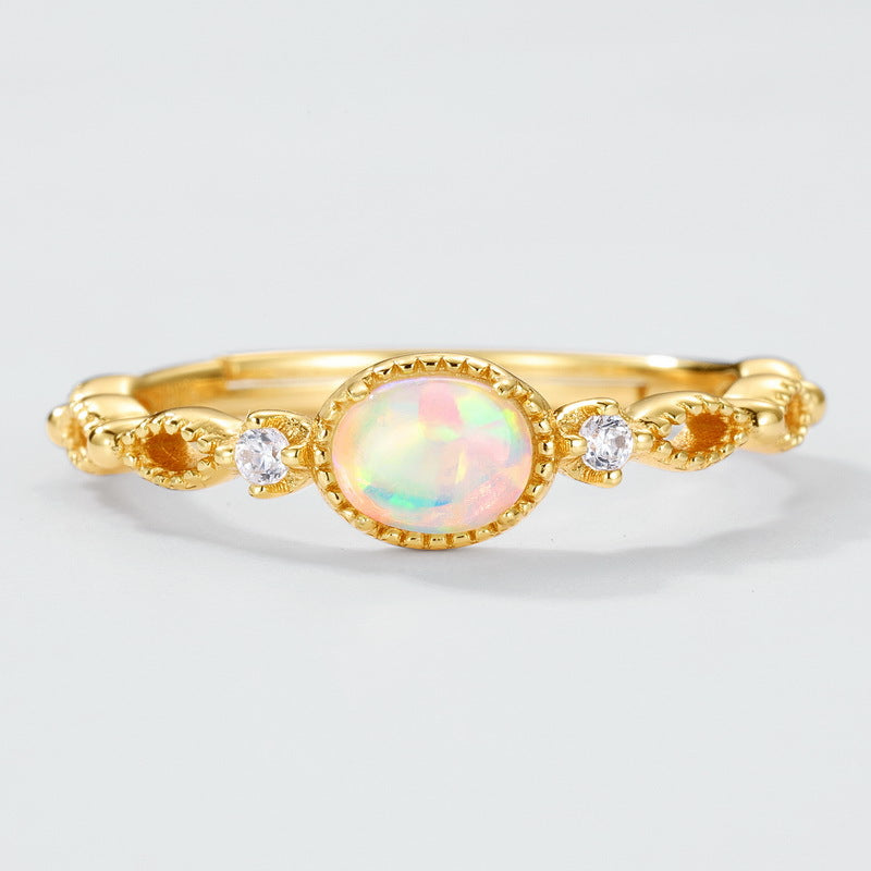 S925 Sterling Silver Gold-Plated Openwork Synthetic Opal Ring