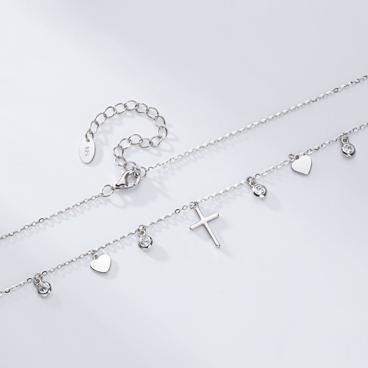 Dainty CZ Heart Cross Charm Necklace in 925 Sterling Silver