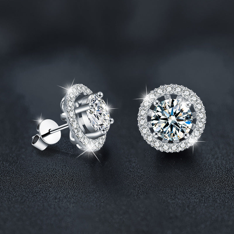 925 Sterling Silver Simple Round Pouch with Four-Prong Moissanite Earrings - Two Ways to Wear