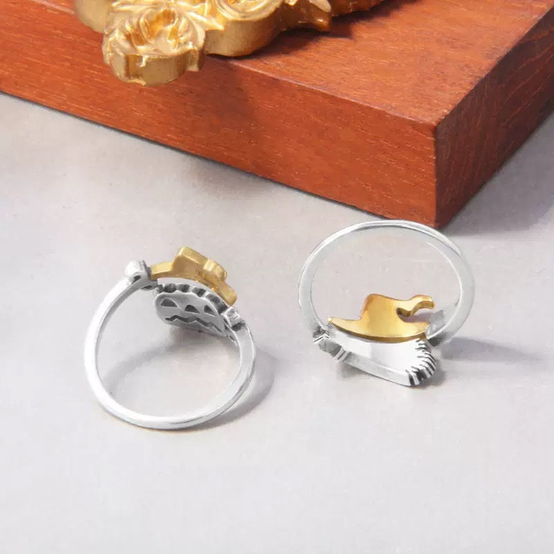 S925 Sterling Silver Halloween Pumpkin, Skull, and Broomstick Open Adjustable Ring