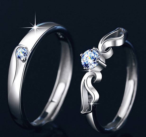 925 Sterling Silver Moissanite Angel Wing Open Couple Ring