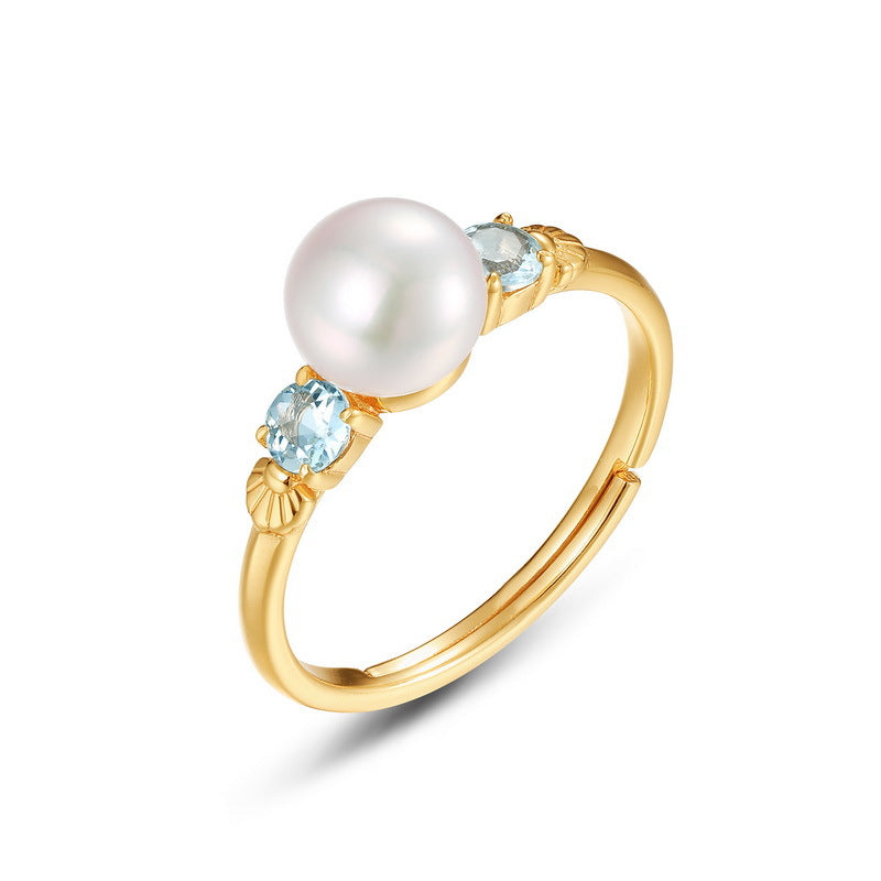 S925 Sterling Silver Gold-Plated Sky Blue Topaz Pearl Ring