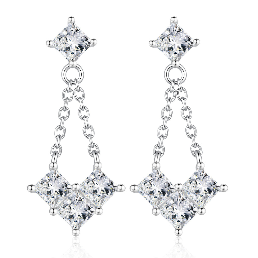 S925 Sterling Silver Heart-Shaped Earrings with Moissanite and Chain Detail
