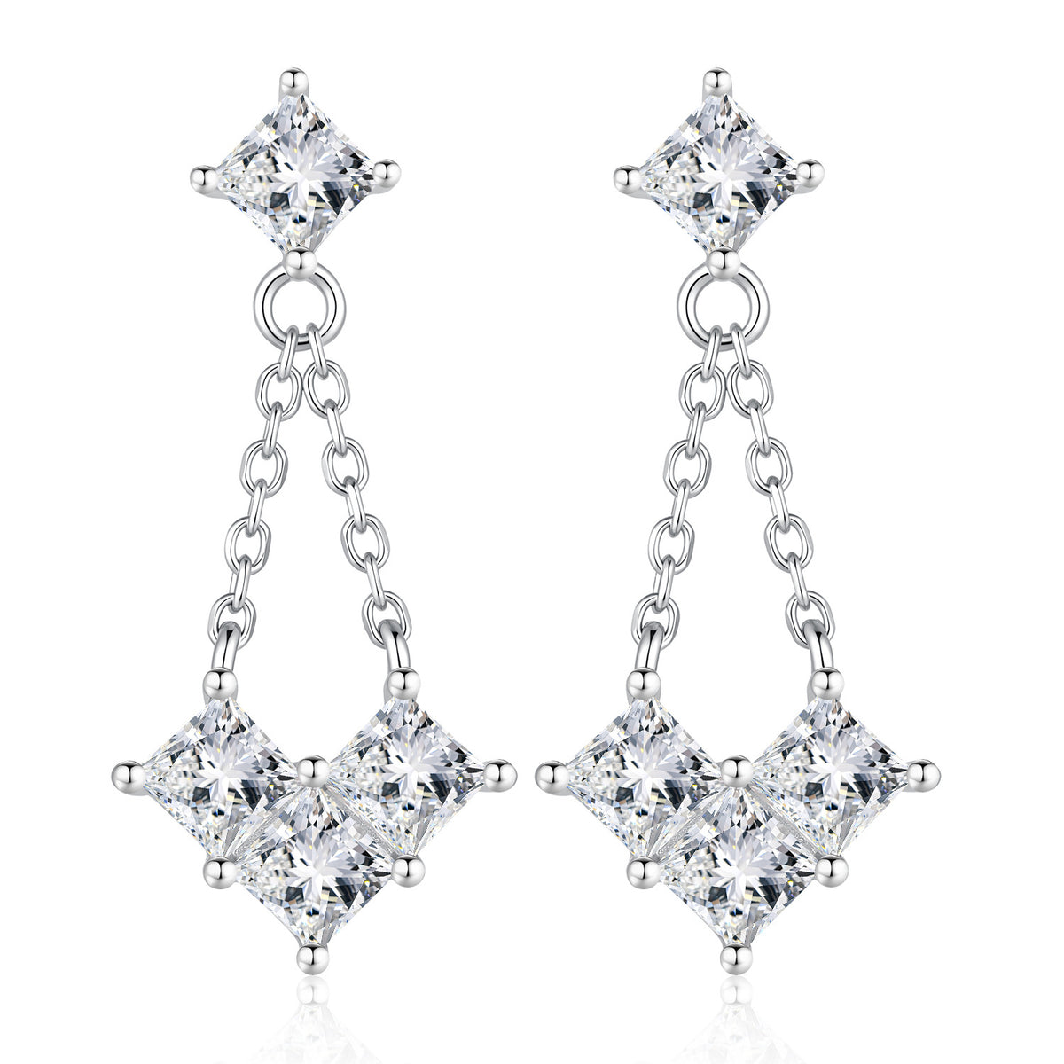 S925 Sterling Silver Heart-Shaped Earrings with Moissanite and Chain Detail