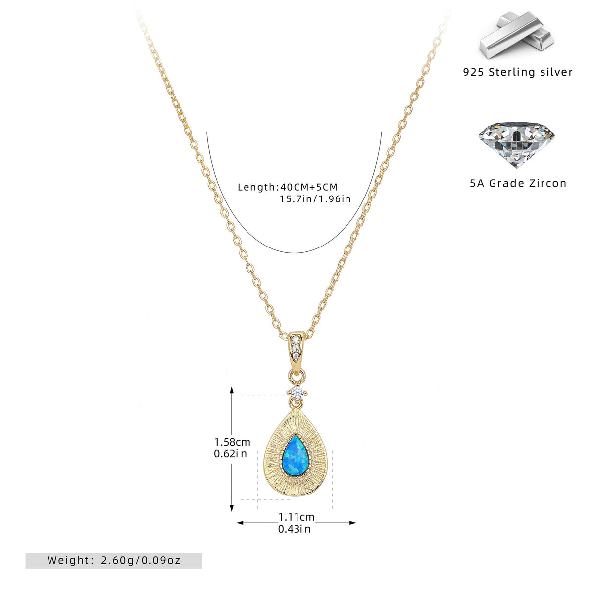 S925 Sterling Silver Teardrop-Shaped Opal Necklace with Zircon
