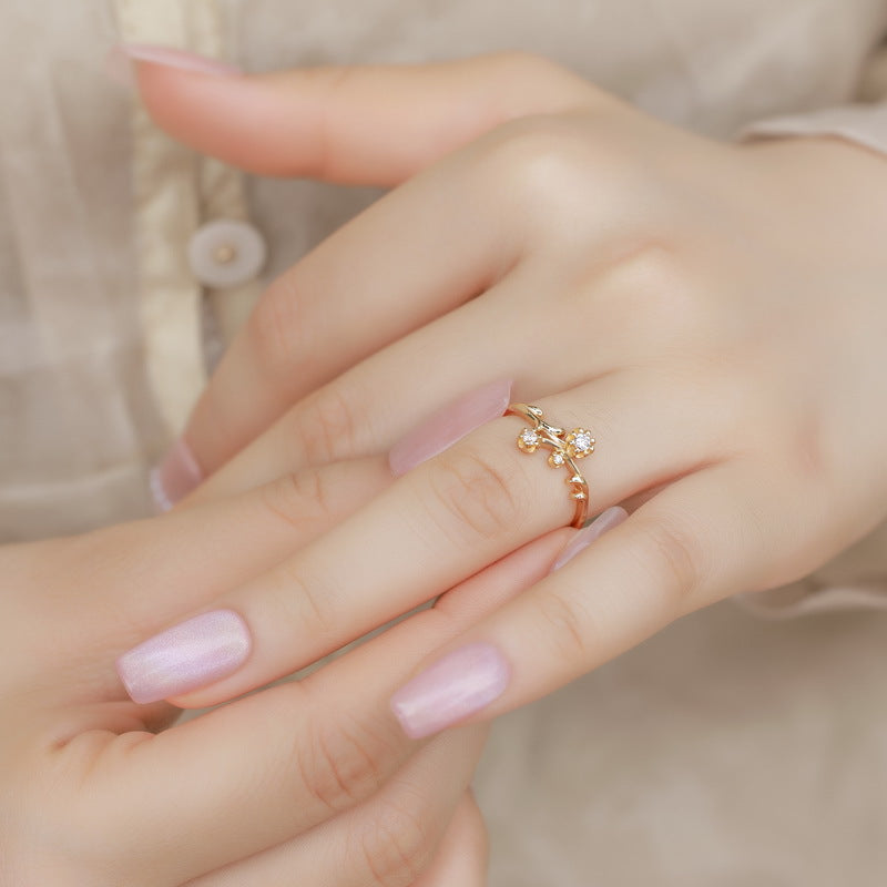 S925 Sterling Silver Gold-Plated Flower Zircon Inlaid Ring