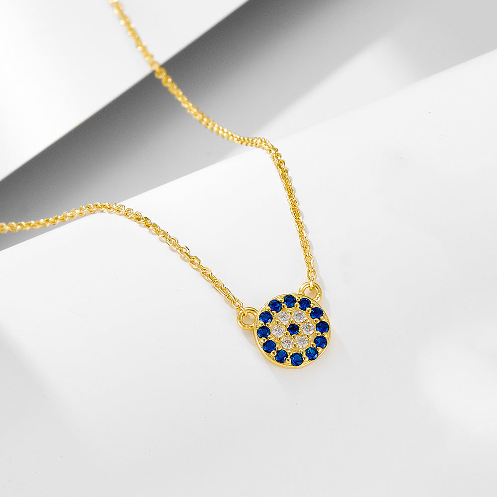 S925 Sterling Silver Devil's Eye Round Blue White Zircon Inlaid Necklace
