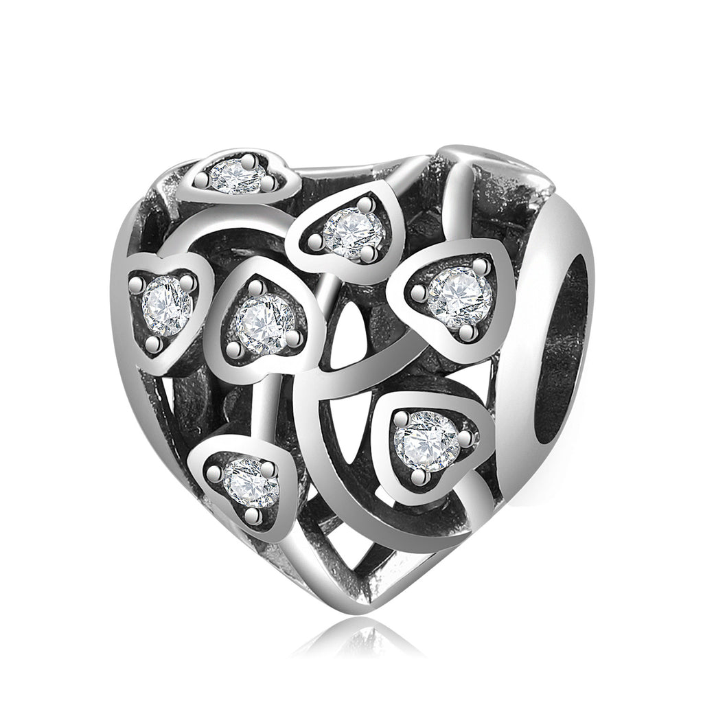 S925 Sterling Silver Hollow Heart Zircon Inlaid Bead Pendant
