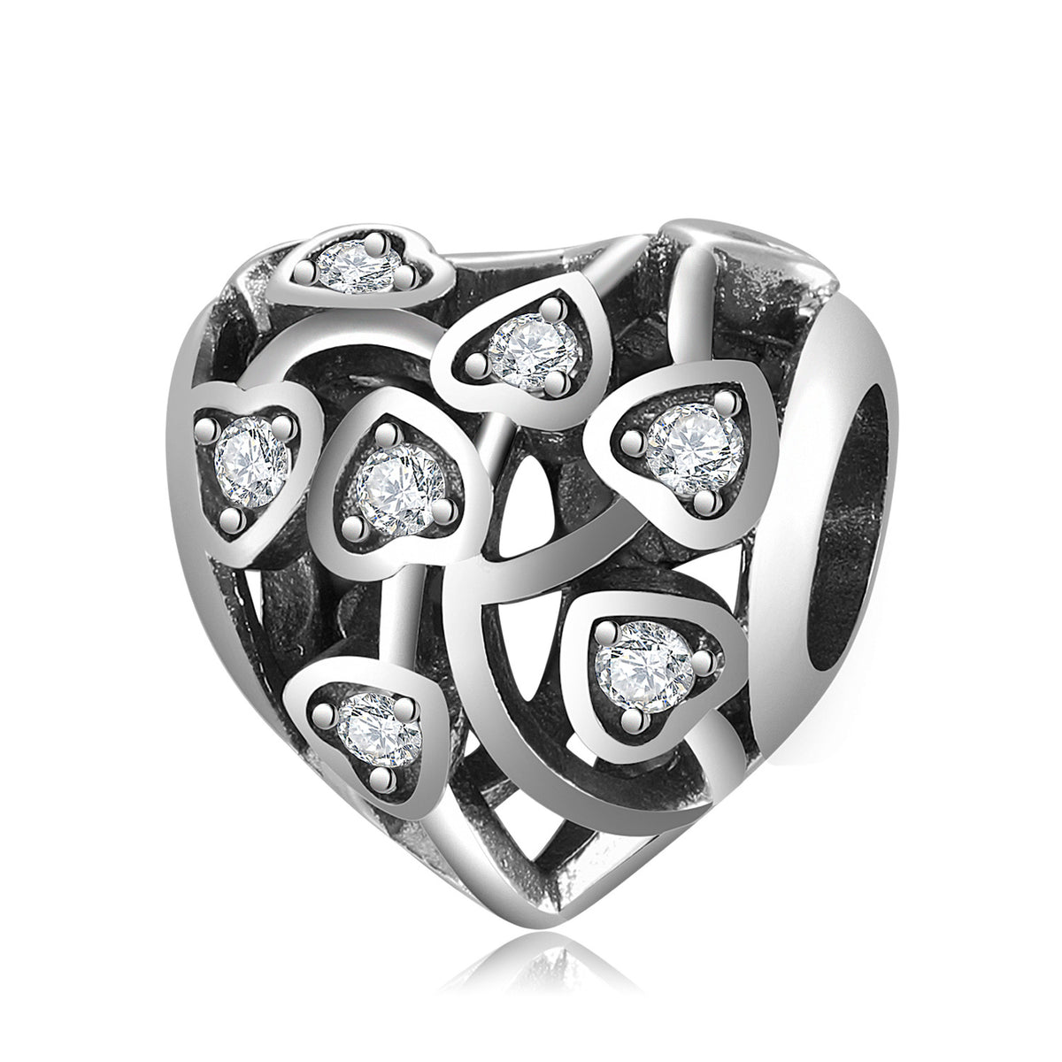 S925 Sterling Silver Hollow Heart Zircon Inlaid Bead Pendant