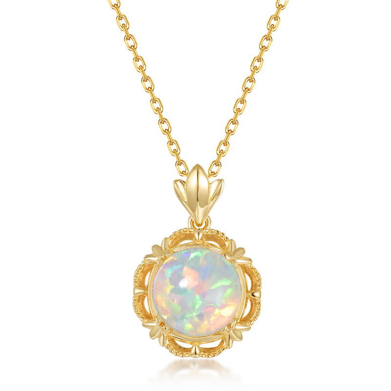 S925 Sterling Silver Synthetic Opal Pendant Clavicle Chain Necklace