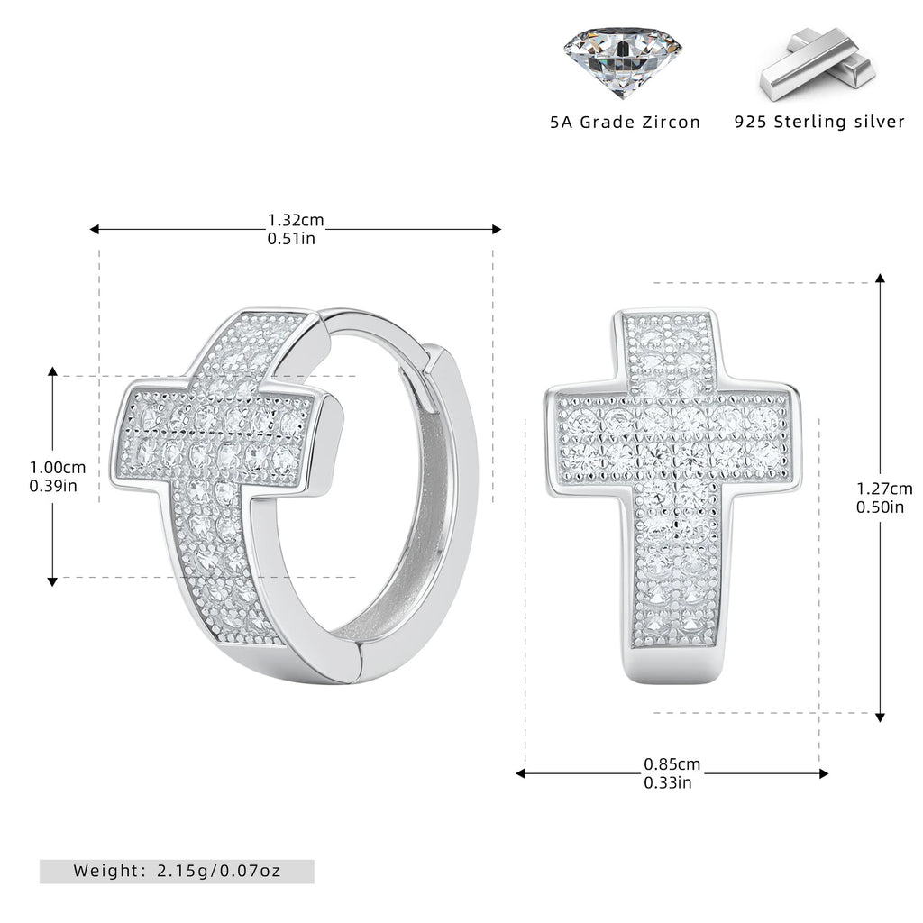 Pave CZ Cross Huggie Hoop Earrings in 925 Sterling Silver