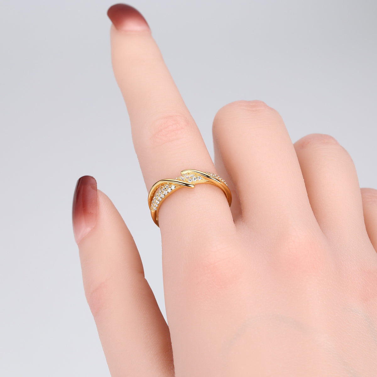 Minimalist style zircon-set open-style index finger ring, S925 sterling silver, intertwined design, understated luxury