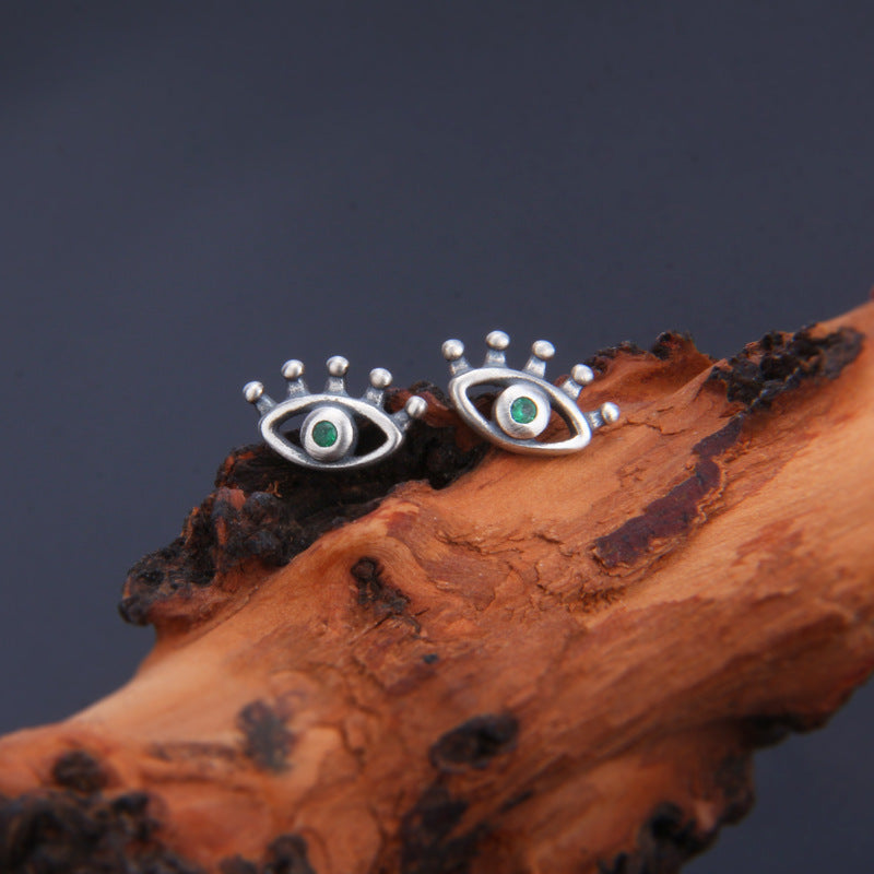 S925 Sterling Silver Halloween Green Demon Eye Stud Earrings with Eyelashes
