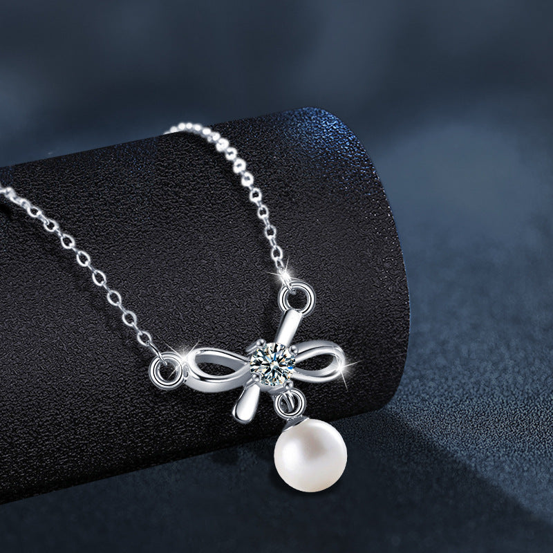 S925 Sterling Silver Moissanite Bowknot Pearl Necklace