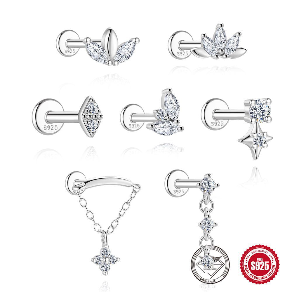 S925 Sterling Silver Moissanite Flat-Back Threaded Piercing Earring