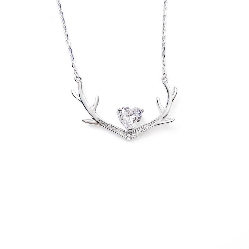 S925 Sterling Silver Christmas Heart-Shaped Antler Necklace