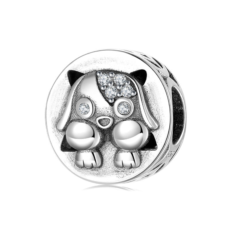 S925 Sterling Silver Inlaid Zirconium Cute Puppy Beaded Pendant