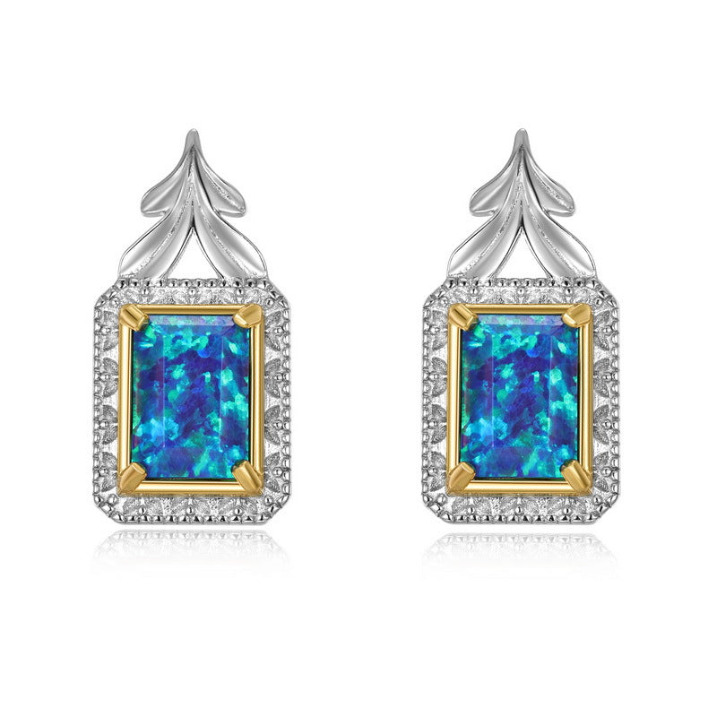 S925 Sterling Silver Stud Earrings Set with Synthetic Blue Opal