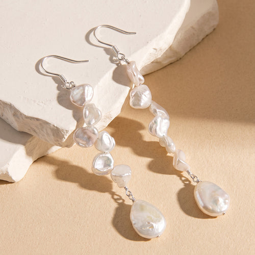 Baroque Freshwater Pearl Linear Drop Earrings in 925 Sterling Silver