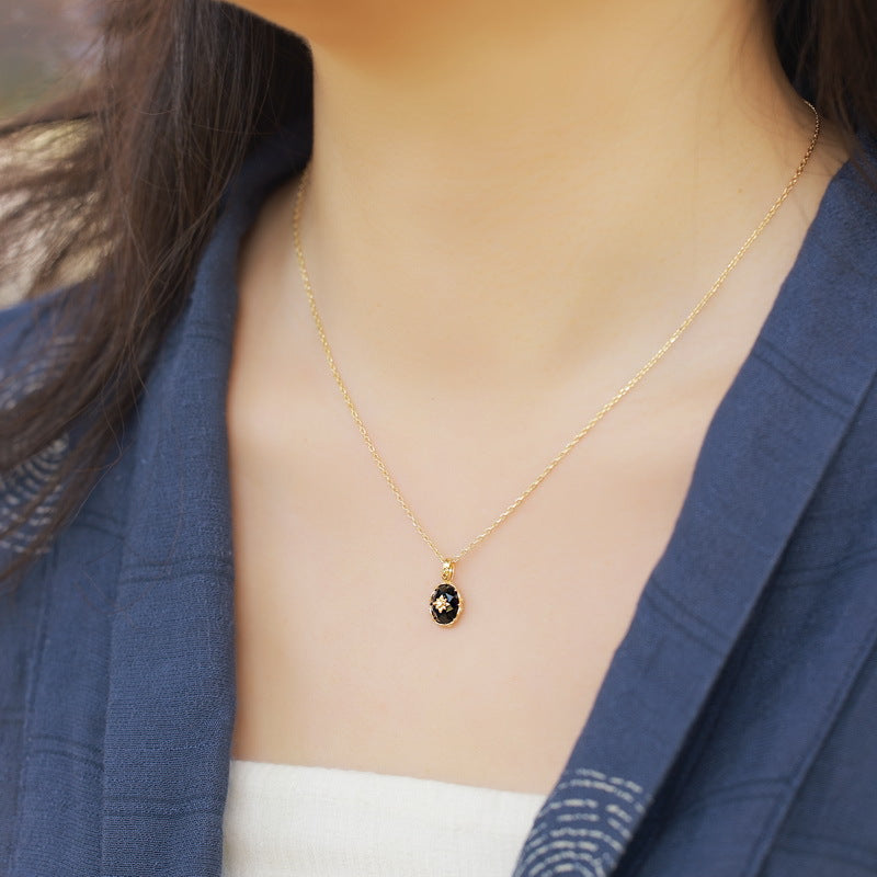 S925 Sterling Silver Gold-Plated Flowers Black Agate Pendant Necklace